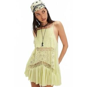$128 Sold Out Free People Calipso Tank Lace Ruffle Boho Tunic Yellow Sz S # 981